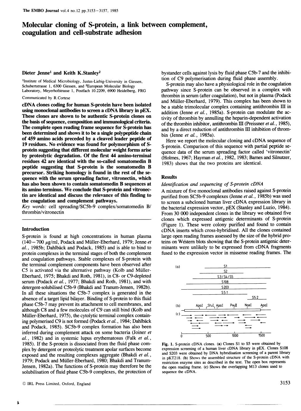 Molecular Cloning of S-Protein, a Link Between Complement, Coagulation and Cell-Substrate Adhesion