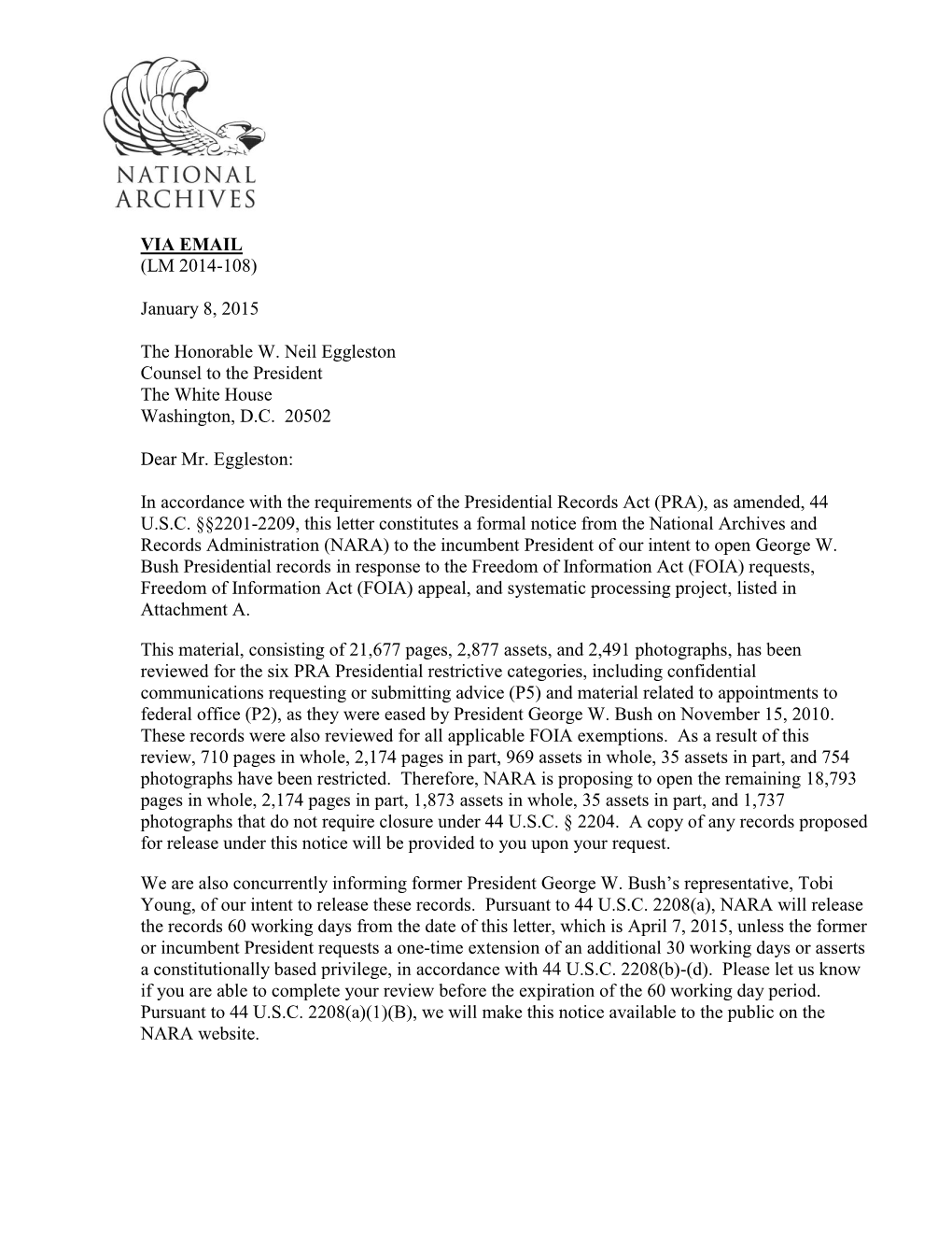 Letter of Notification of Presidential Records Release (George W. Bush)