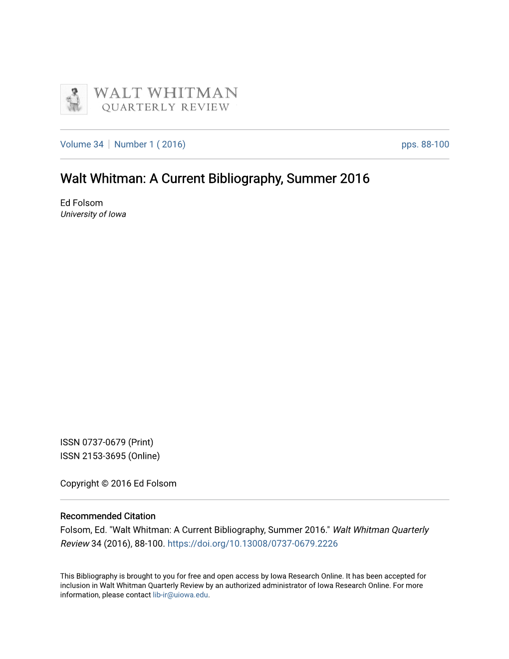 Walt Whitman: a Current Bibliography, Summer 2016