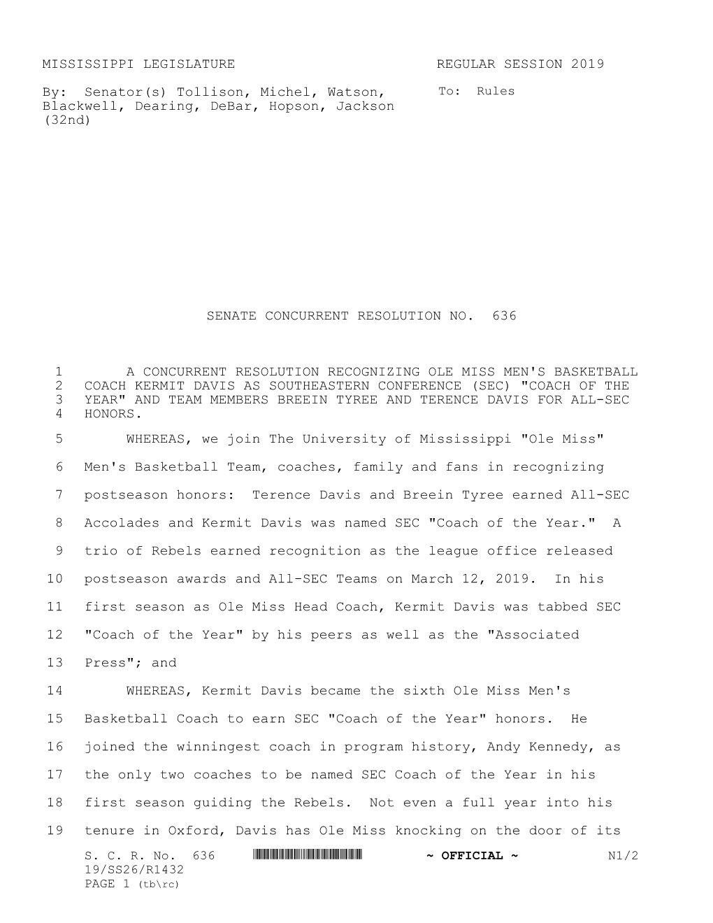 MISSISSIPPI LEGISLATURE REGULAR SESSION 2019 By