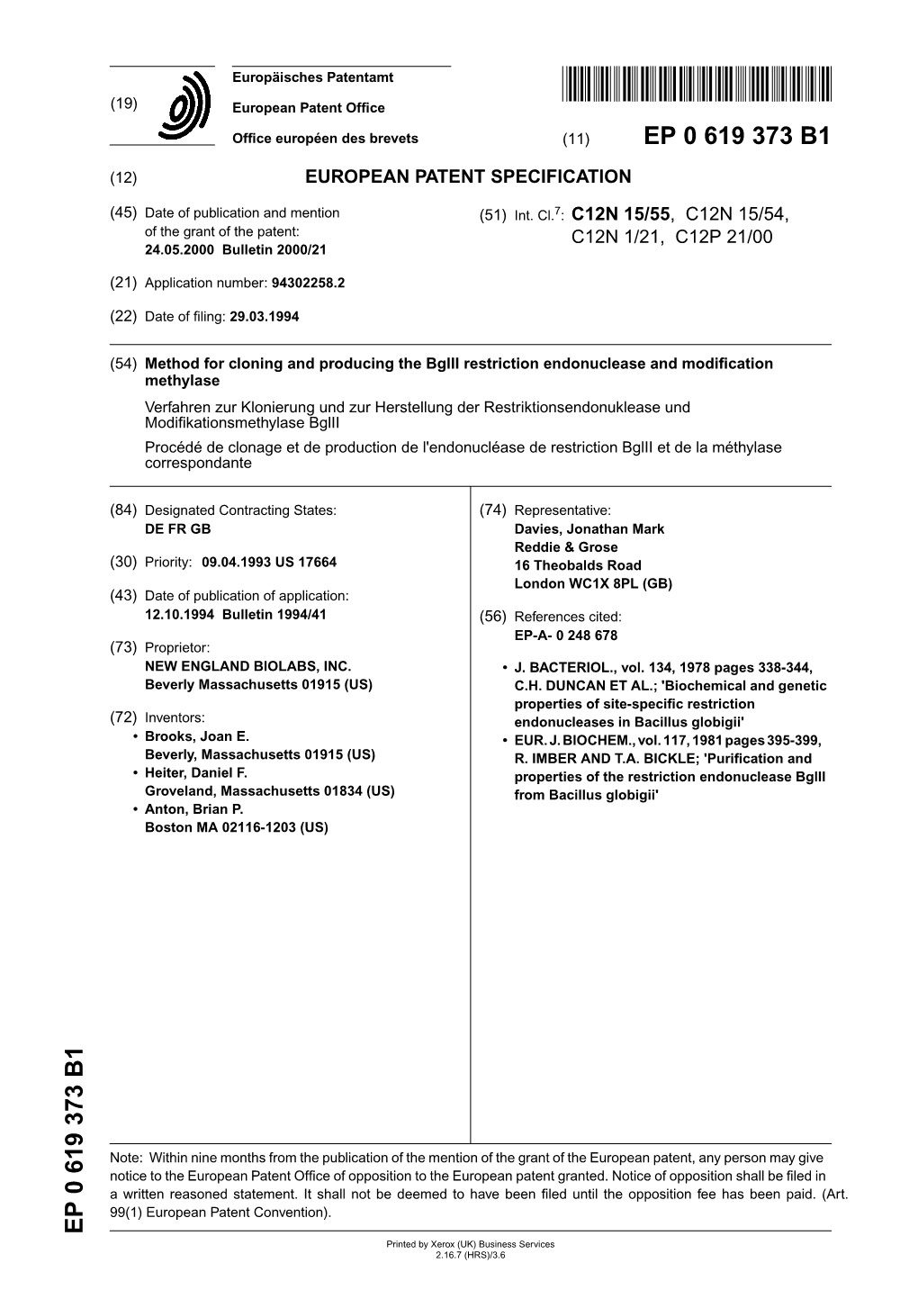 Method for Cloning and Producing the Bglii Restriction Endonuclease