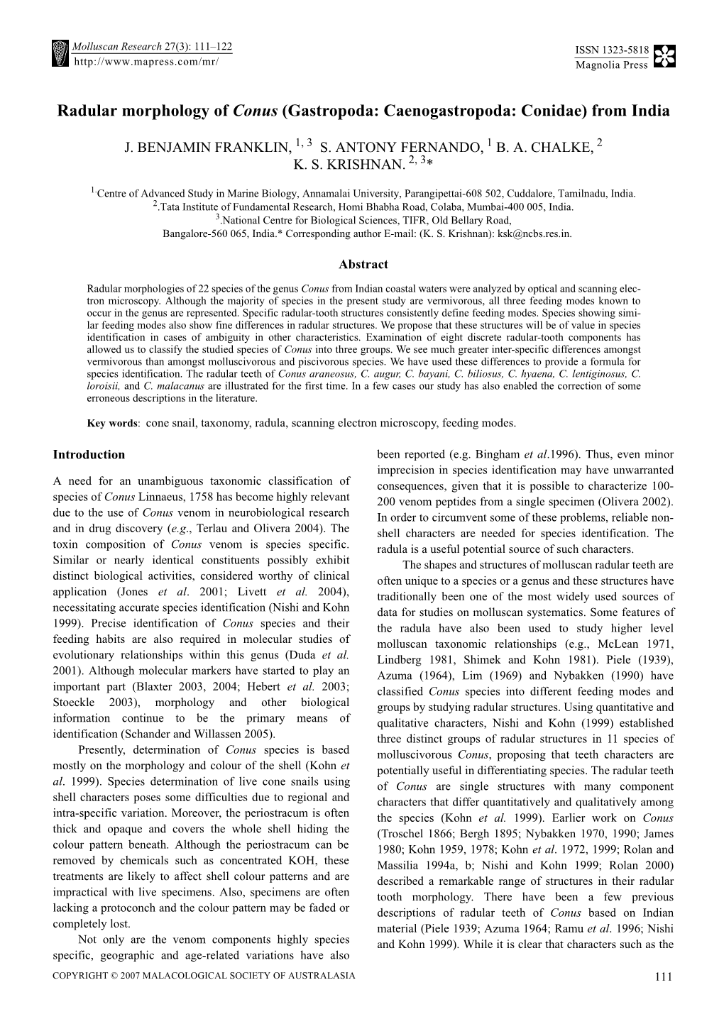 Radular Morphology of Conus (Gastropoda: Caenogastropoda: Conidae) from India