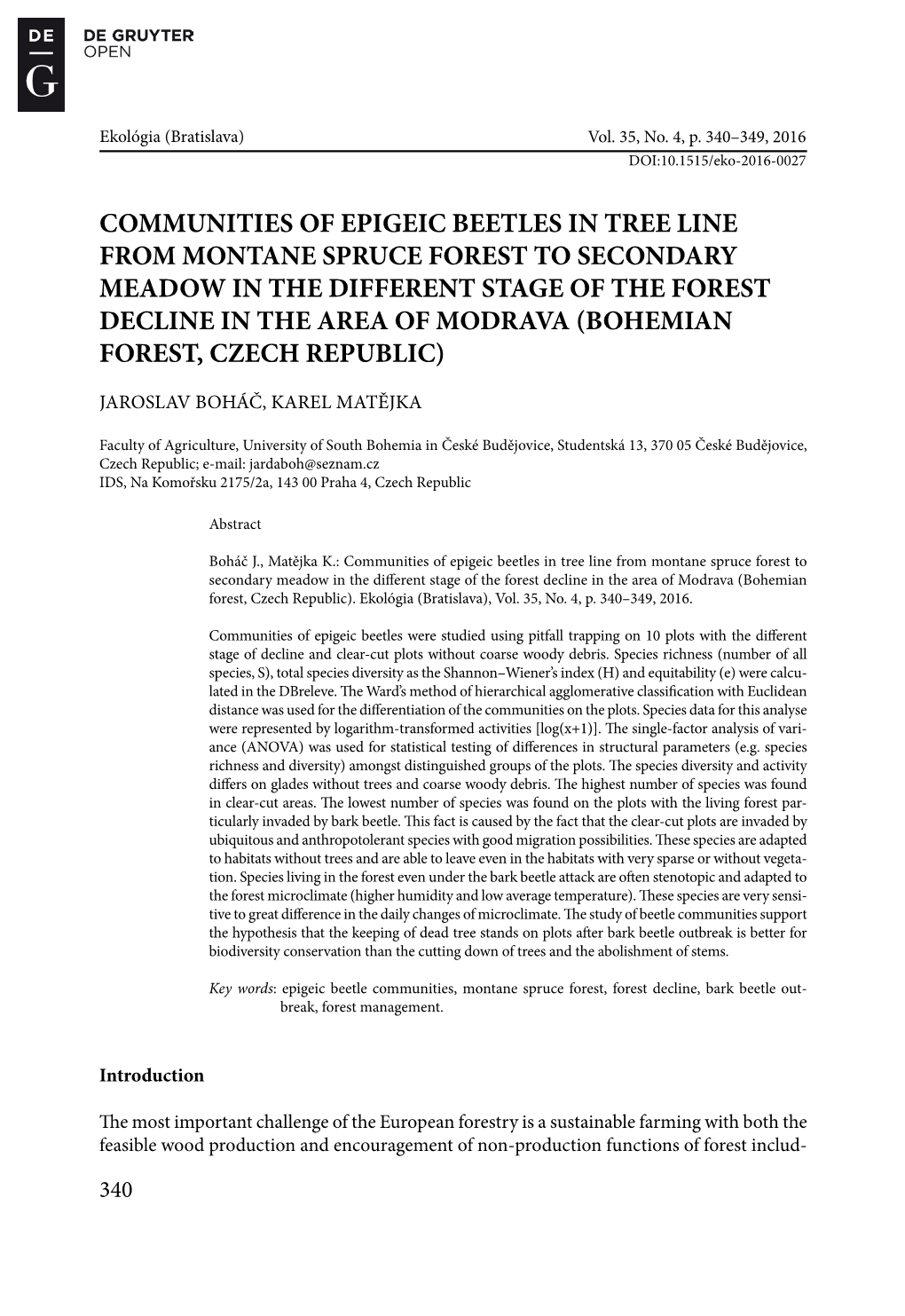 Communities of Epigeic Beetles in Tree Line