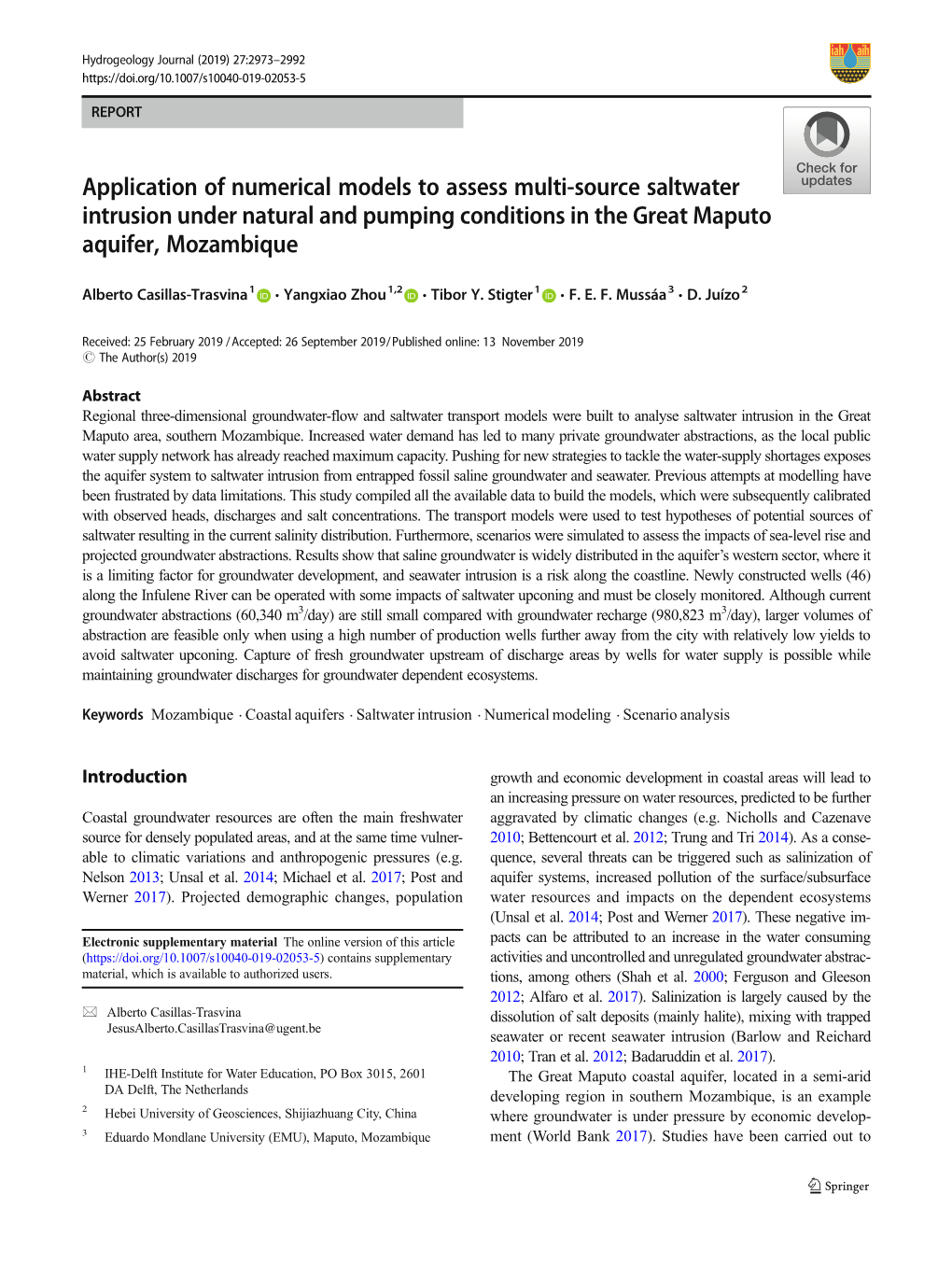 Application of Numerical Models to Assess Multi-Source Saltwater Intrusion Under Natural and Pumping Conditions in the Great Maputo Aquifer, Mozambique