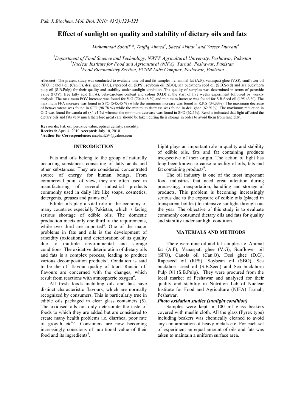 Effect of Sunlight on Quality and Stability of Dietary Oils and Fats