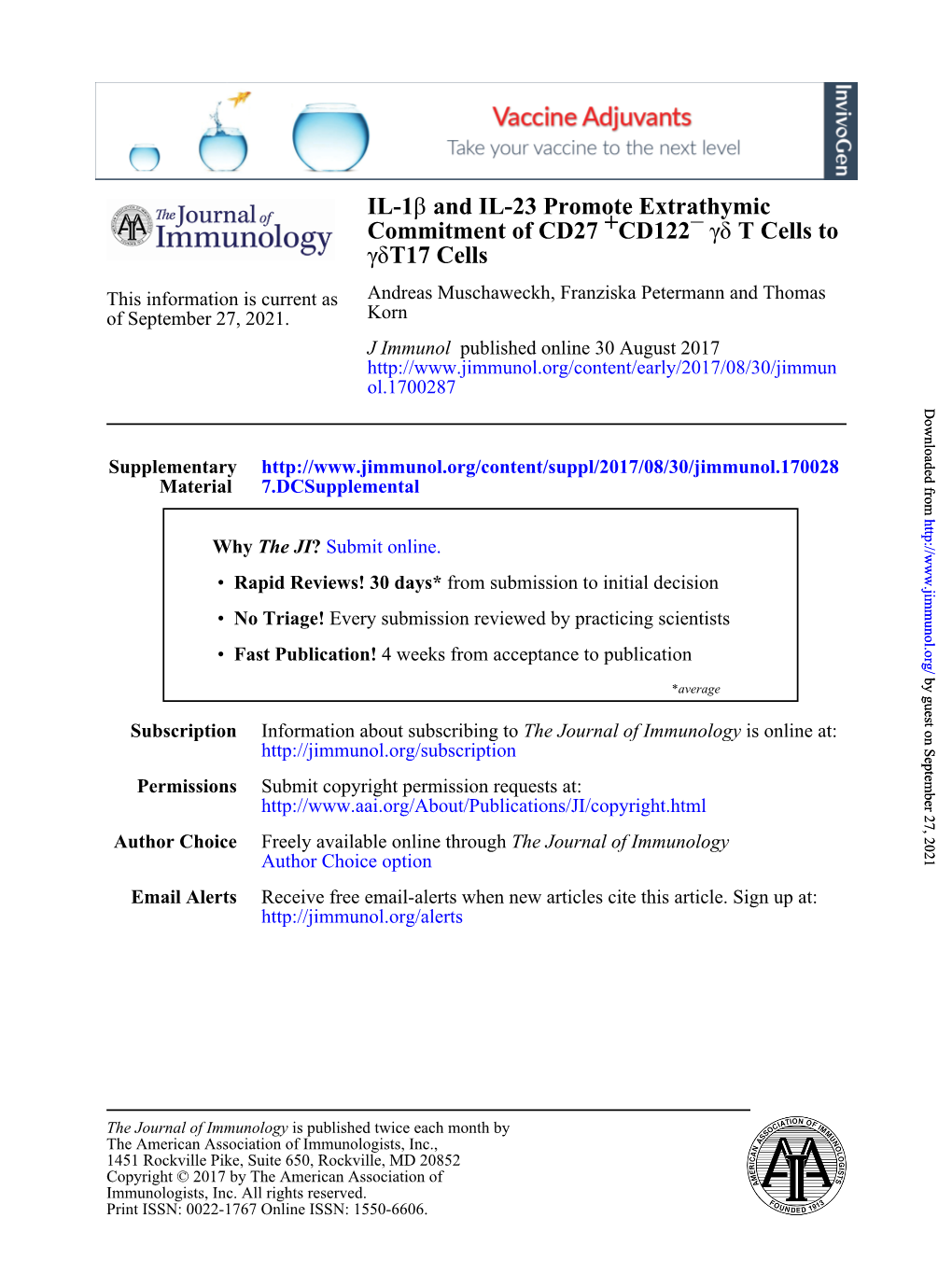 IL-1Β and IL-23 Promote Extrathymic Commitment of CD27+CD122