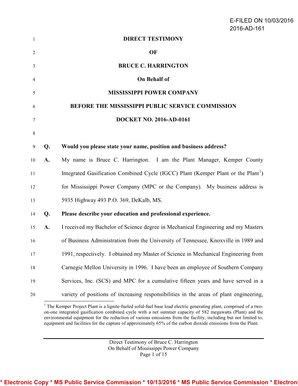 Direct Testimony of Bruce C. Harrington on Behalf of Mississippi Power Company Page 1 of 15