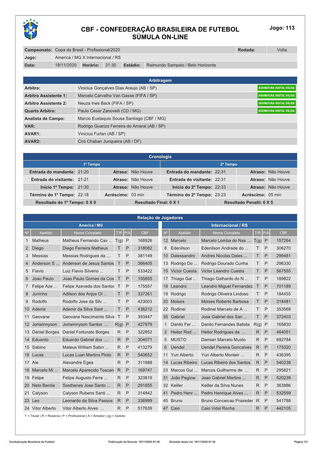 CBF - CONFEDERAÇÃO BRASILEIRA DE FUTEBOL Jogo: 113 SÚMULA ON-LINE