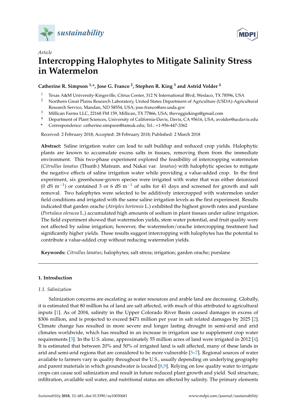 Intercropping Halophytes to Mitigate Salinity Stress in Watermelon