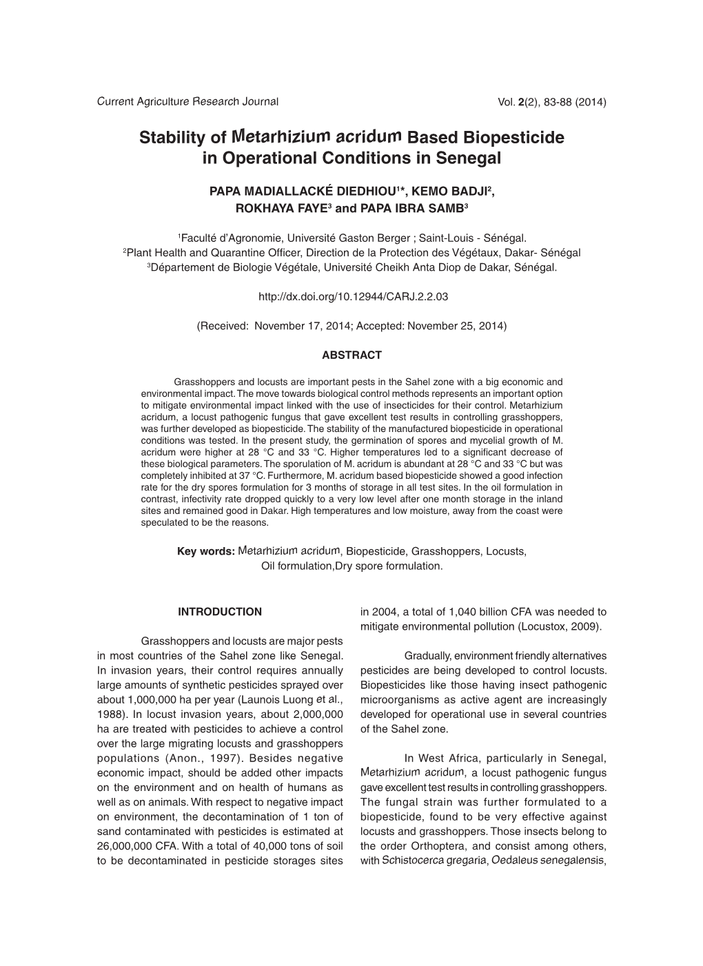 Stability of Metarhizium Acridum Based Biopesticide in Operational Conditions in Senegal