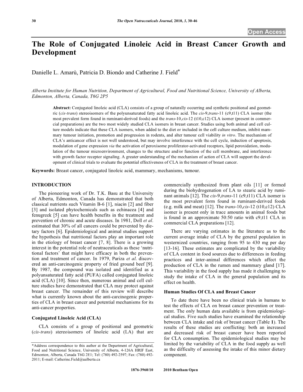 The Role of Conjugated Linoleic Acid in Breast Cancer Growth and Development