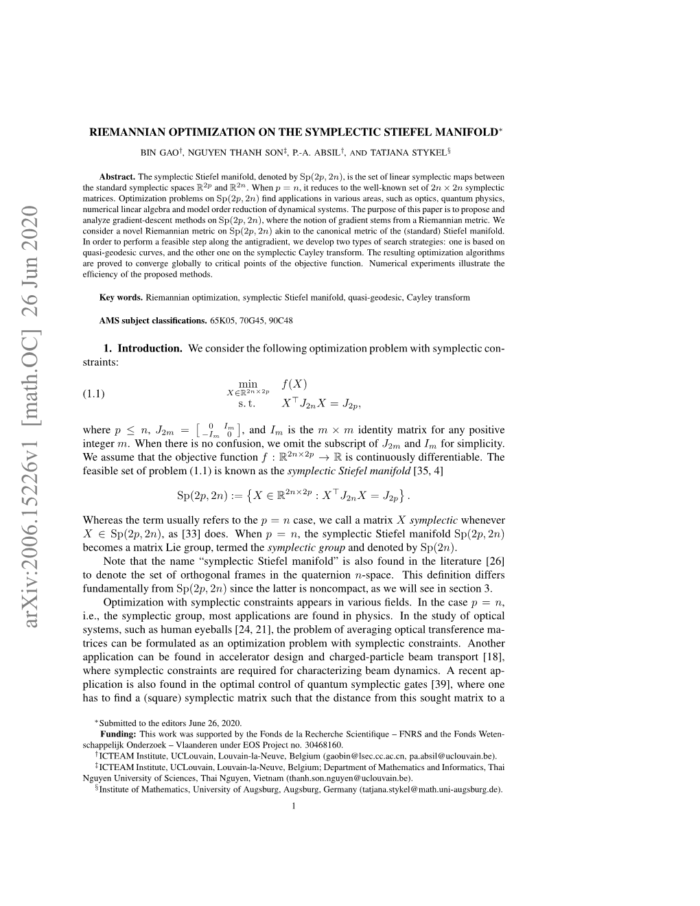 Arxiv:2006.15226V1 [Math.OC]