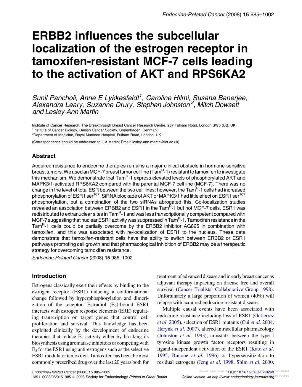 ERBB2 Influences the Subcellular Localization of the Estrogen