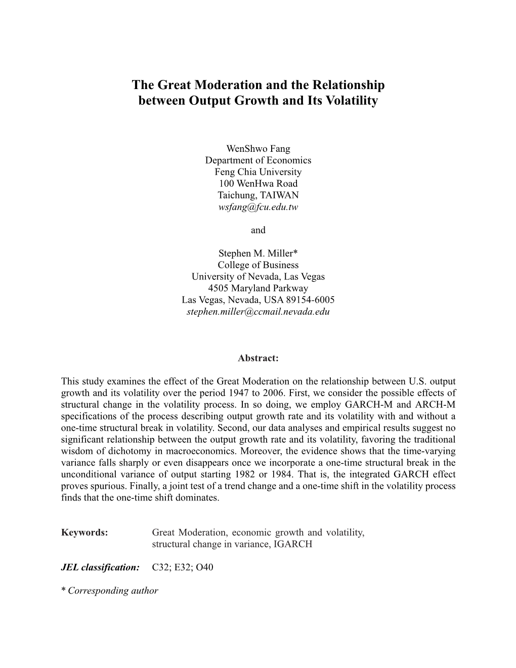 The Great Moderation and the Relationship Between Output Growth and Its Volatility