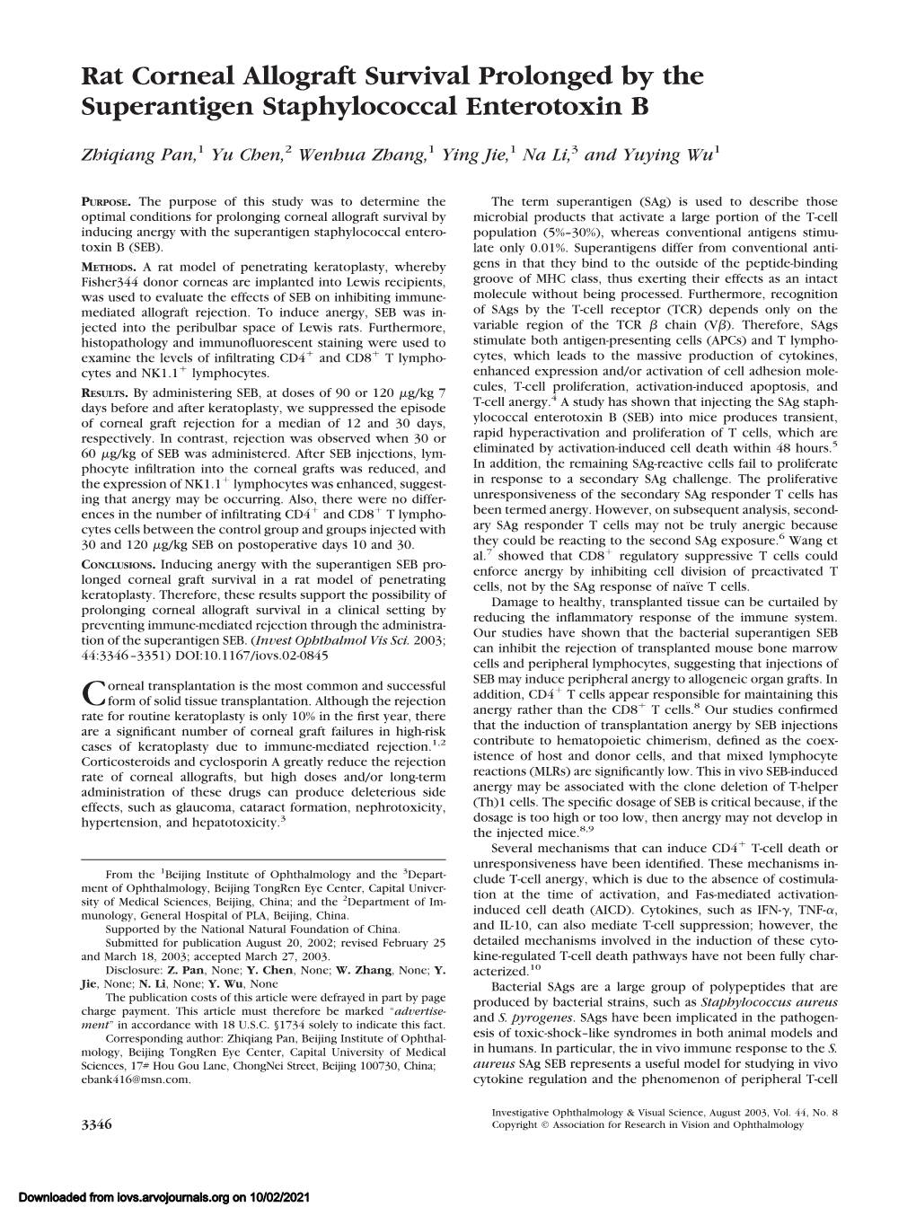 Rat Corneal Allograft Survival Prolonged by the Superantigen Staphylococcal Enterotoxin B