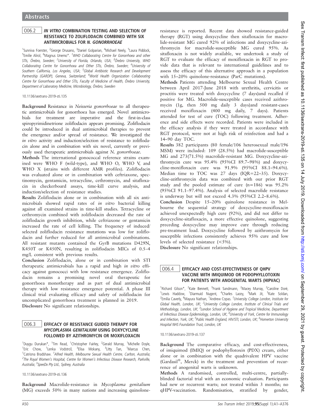 O06. 2 in Vitro Combination Testing and Selection of Resistance to Zoliflodacin Combined with Six Antimicrobials for N. Gonorrhoeae