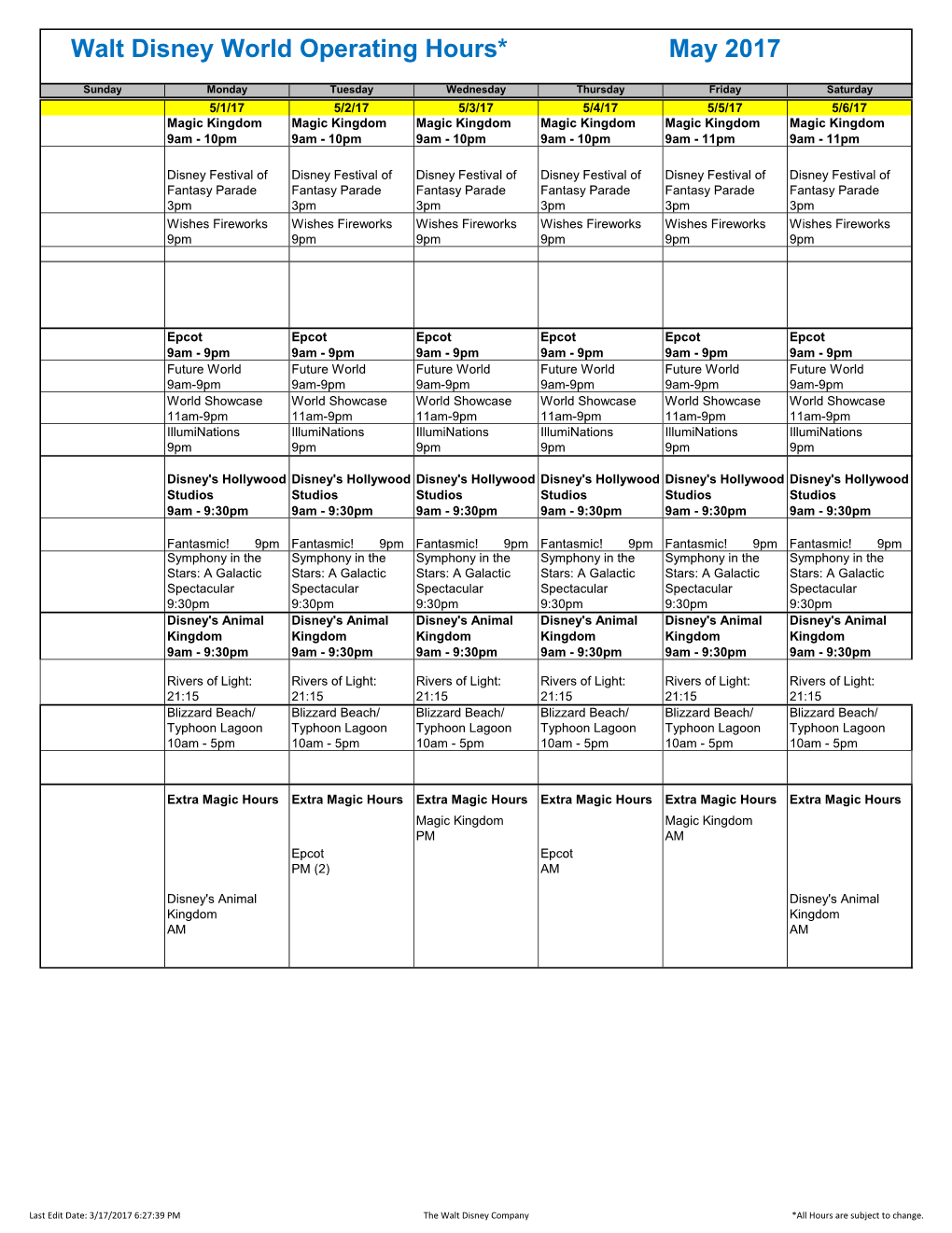 Walt Disney World Operating Hours* May 2017