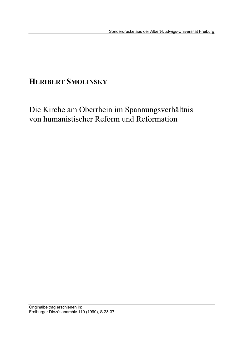 Die Kirche Am Oberrhein Im Spannungsverhältnis Von Humanistischer Reform Und Reformation