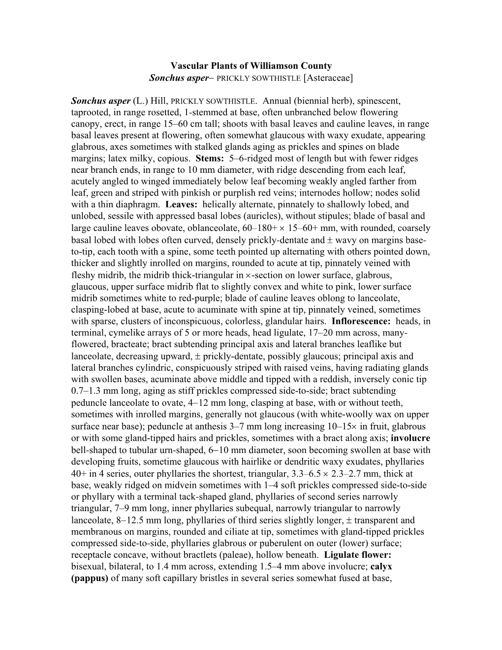 Vascular Plants of Williamson County Sonchus Asper (L.) Hill, PRICKLY