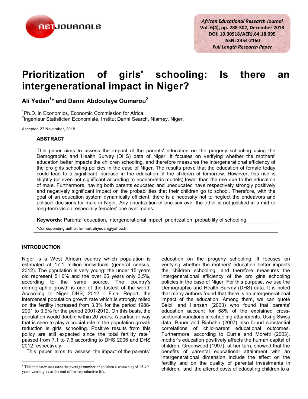 Prioritization of Girls' Schooling: Is There an Intergenerational Impact in Niger?