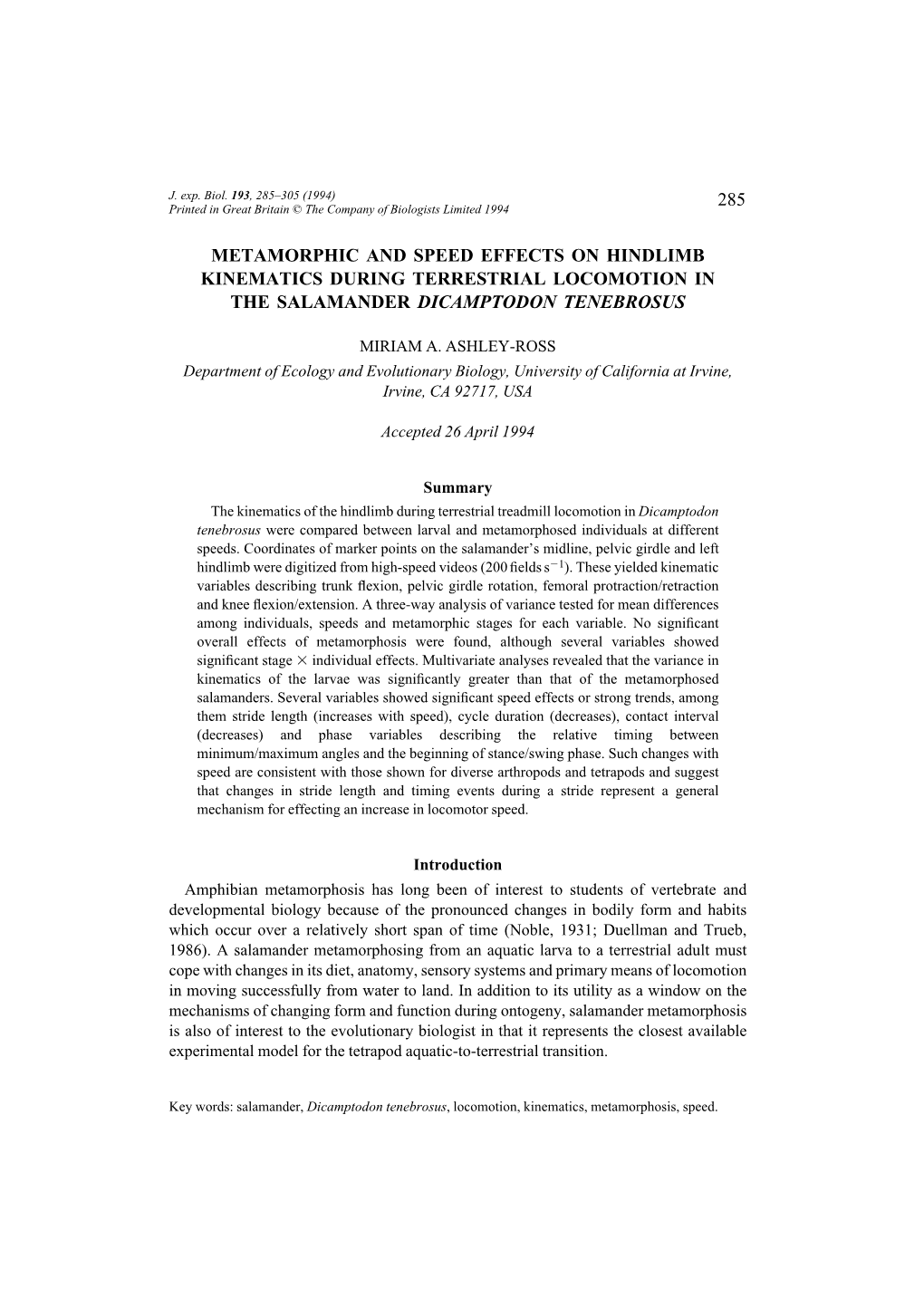 285 Metamorphic and Speed Effects on Hindlimb Kinematics During Terrestrial Locomotion in the Salamander Dicamptodon Tenebrosus