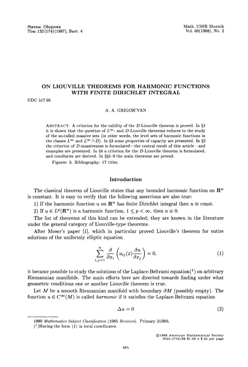 On Liouville Theorems for Harmonic Functions with Finite Dirichlet Integral Udc 517.95