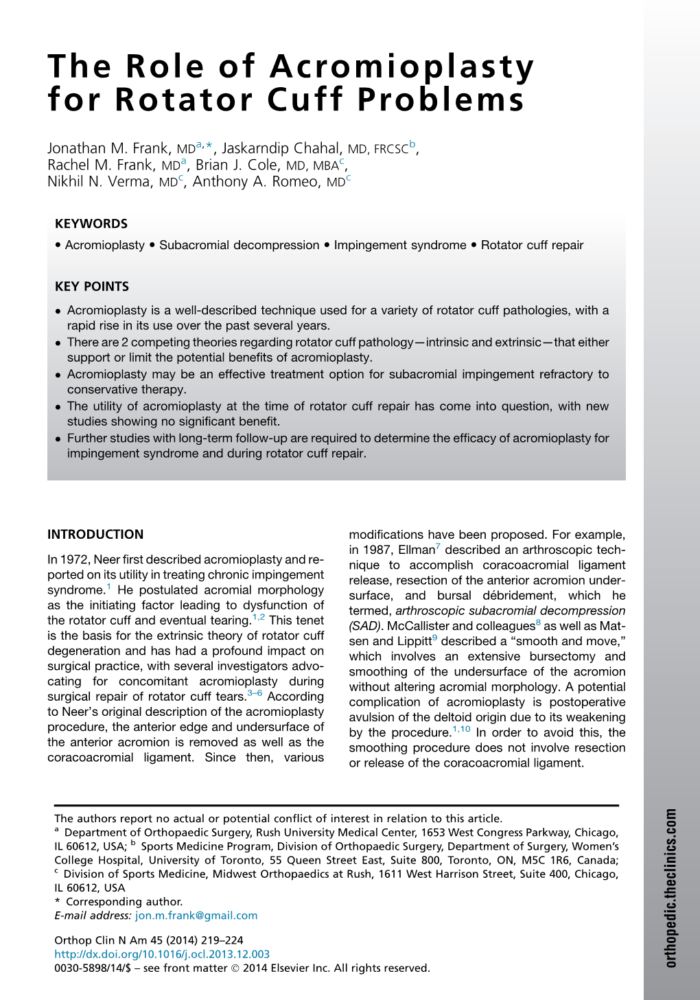 The Role of Acromioplasty for Rotator Cuff Problems