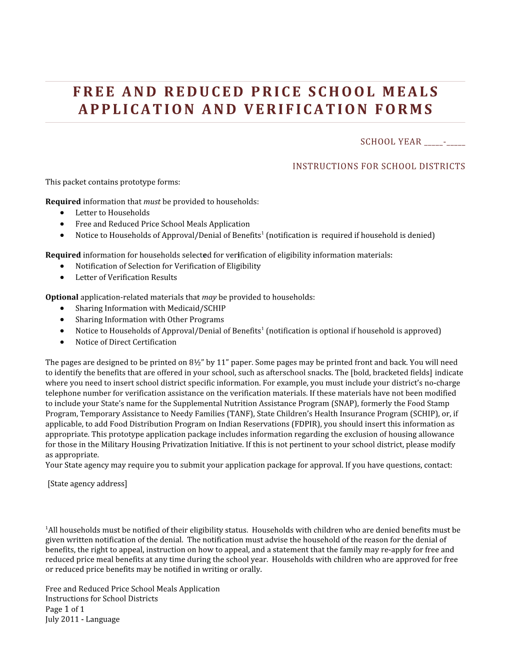 Free and Reduced Price School Meals Application and Verification Forms