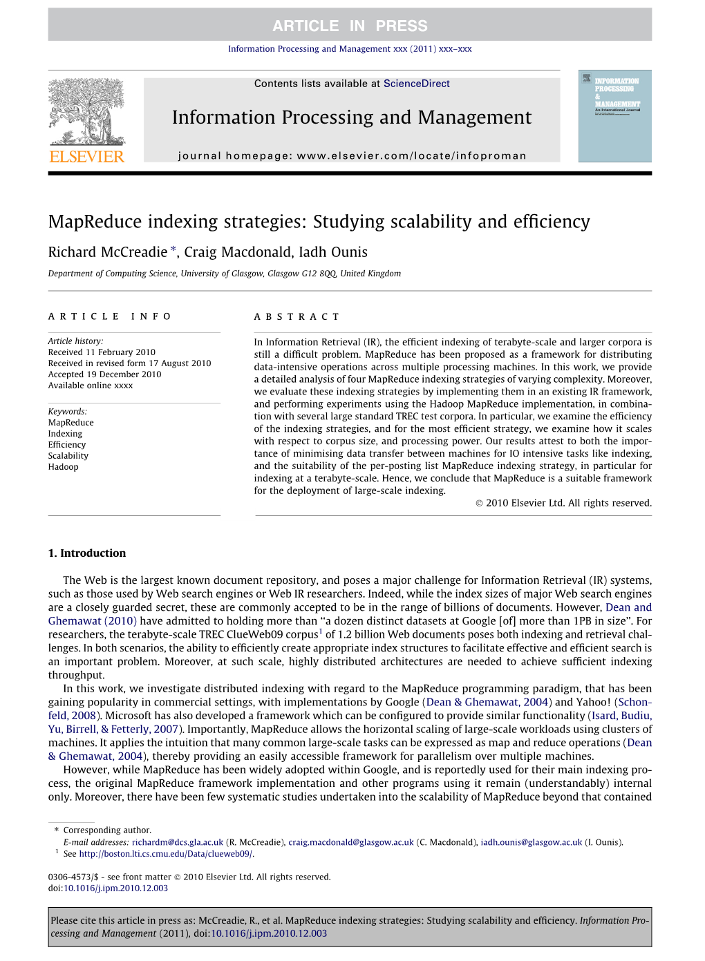 Mapreduce Indexing Strategies: Studying Scalability and Efﬁciency ⇑ Richard Mccreadie , Craig Macdonald, Iadh Ounis