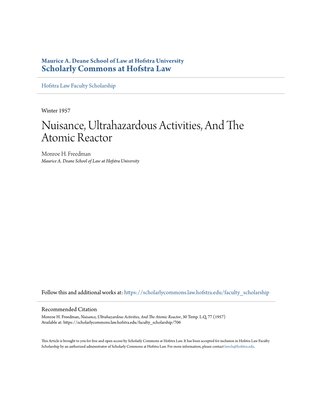 Nuisance, Ultrahazardous Activities, and the Atomic Reactor Monroe H