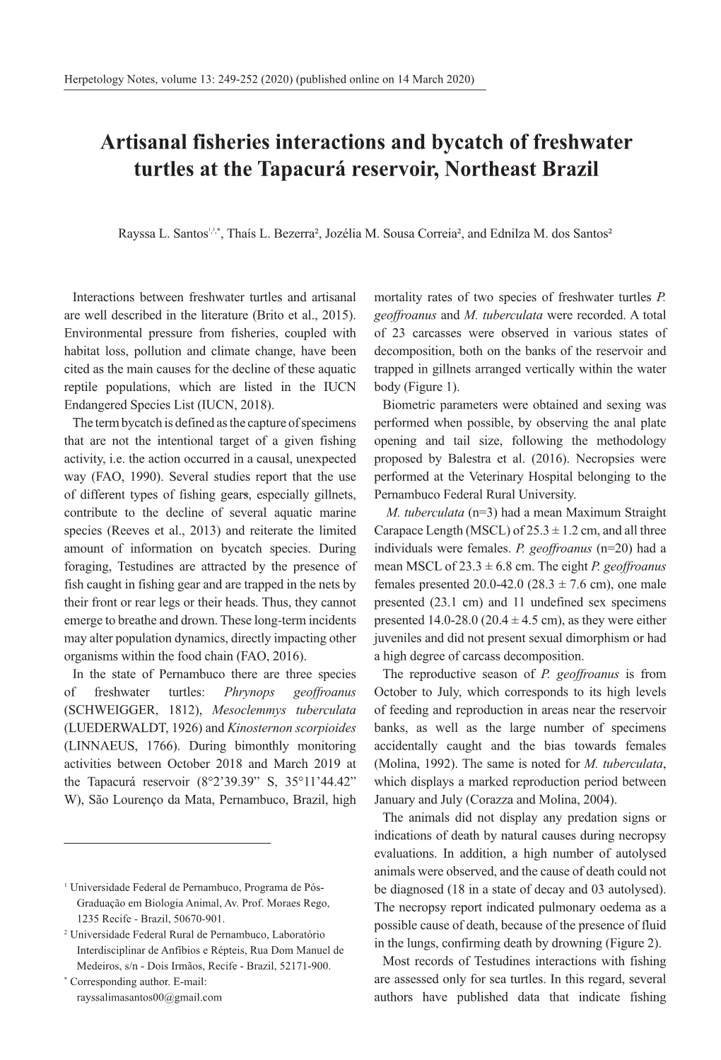 Artisanal Fisheries Interactions and Bycatch of Freshwater Turtles at the Tapacurá Reservoir, Northeast Brazil