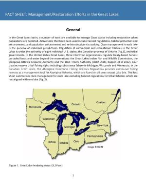 Integrated Assessment Cisco (Coregonus Artedi) Restoration in Lake Michigan FACT SHEET: Management/Restoration Efforts in the Great Lakes