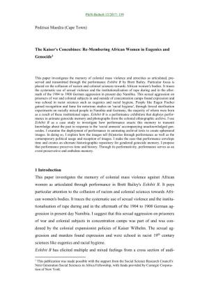 Pedzisai Maedza (Cape Town) the Kaiser's Concubines: Re-Membering African Women in Eugenics and Genocide1 1 Introduction This Pa