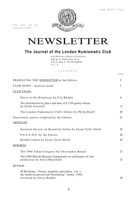 NEWSLETTER the Journal of the London Numismatic Club Joint Honorary Editors of Newsletter DM M