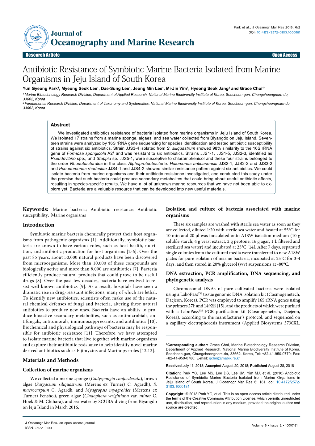 Antibiotic Resistance of Symbiotic Marine Bacteria Isolated From