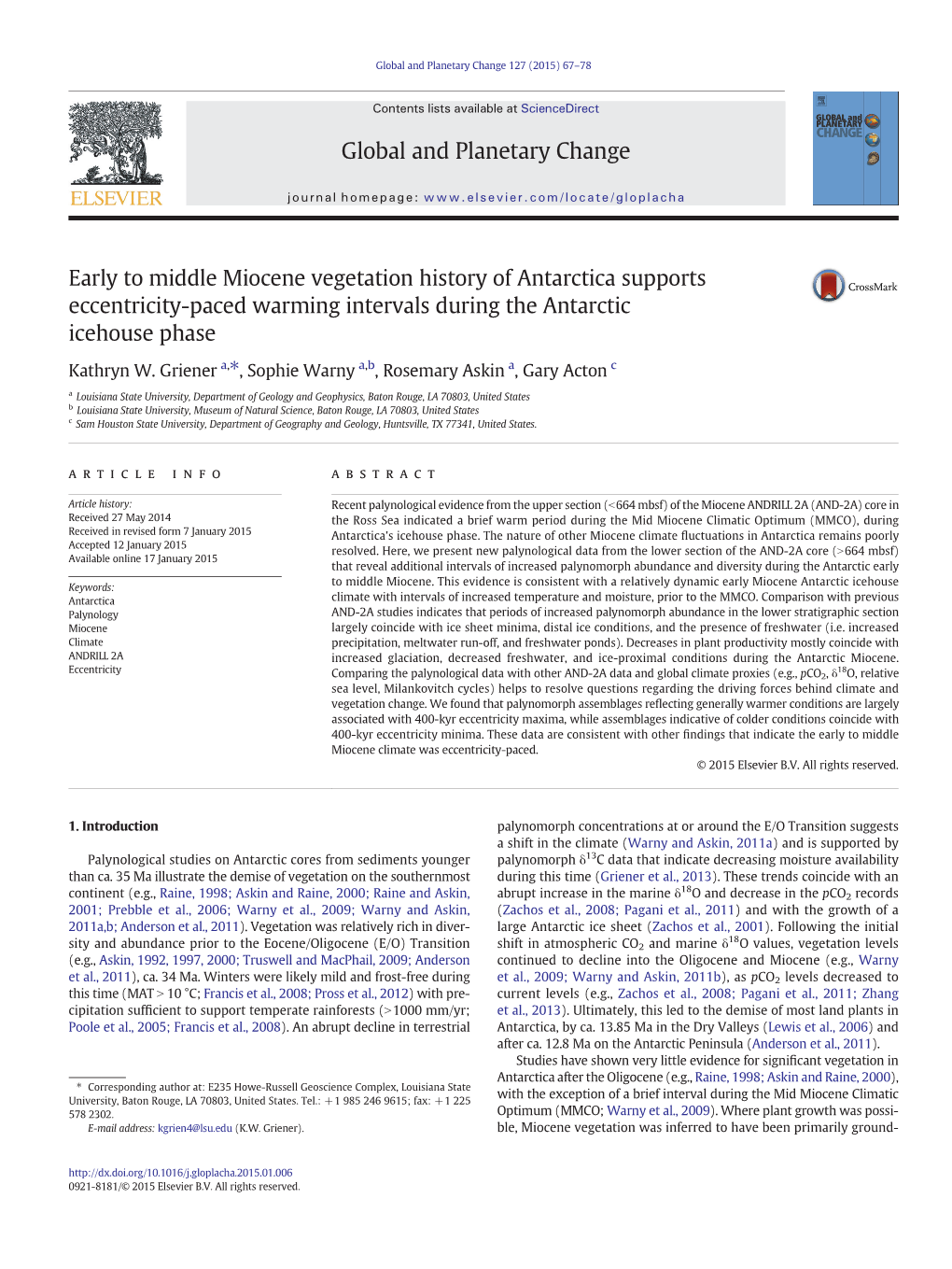 Early to Middle Miocene Vegetation History of Antarctica Supports Eccentricity-Paced Warming Intervals During the Antarctic Icehouse Phase