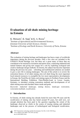 Evaluation of Oil Shale Mining Heritage in Estonia