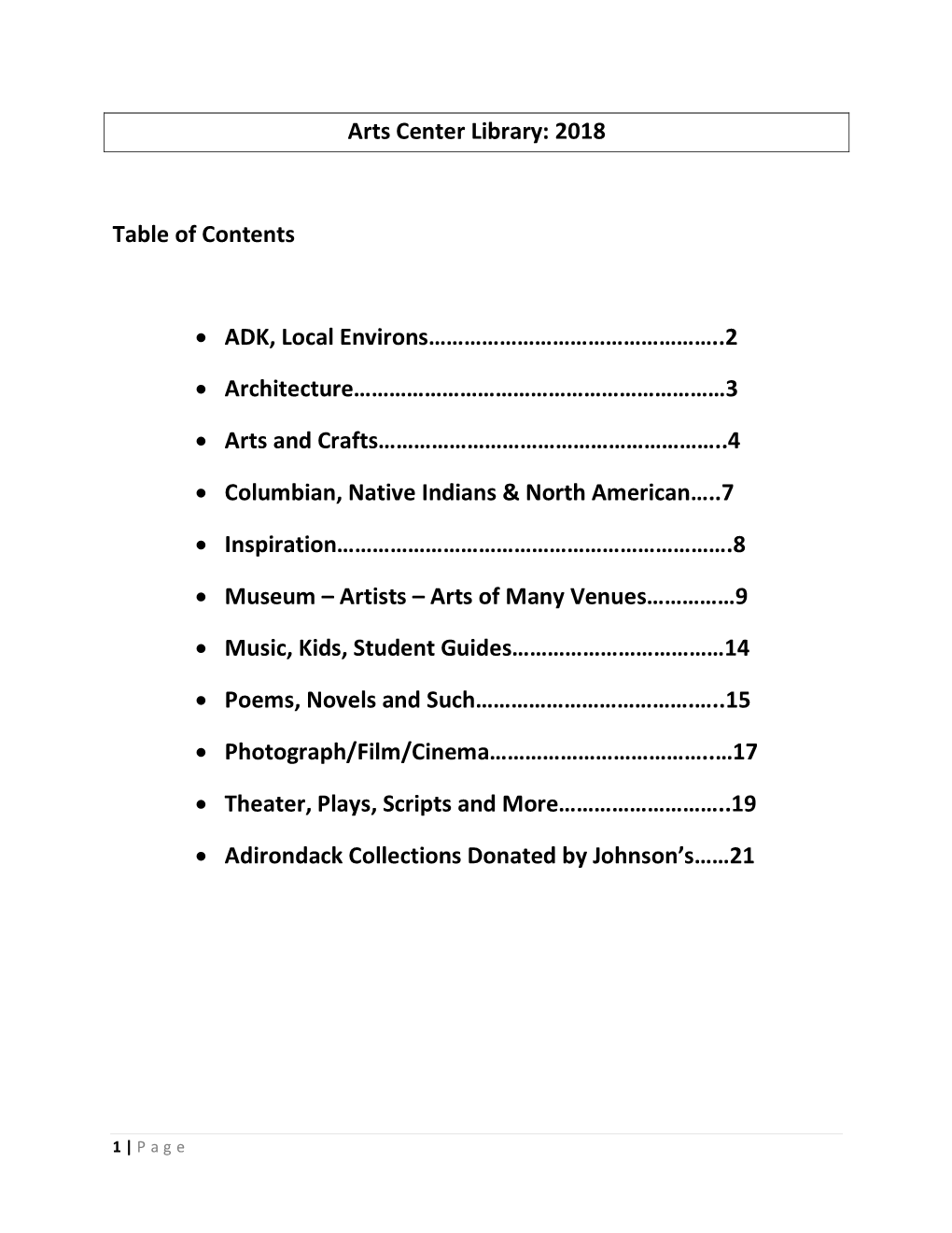 Arts Center Library: 2018 Table of Contents • ADK, Local Environs