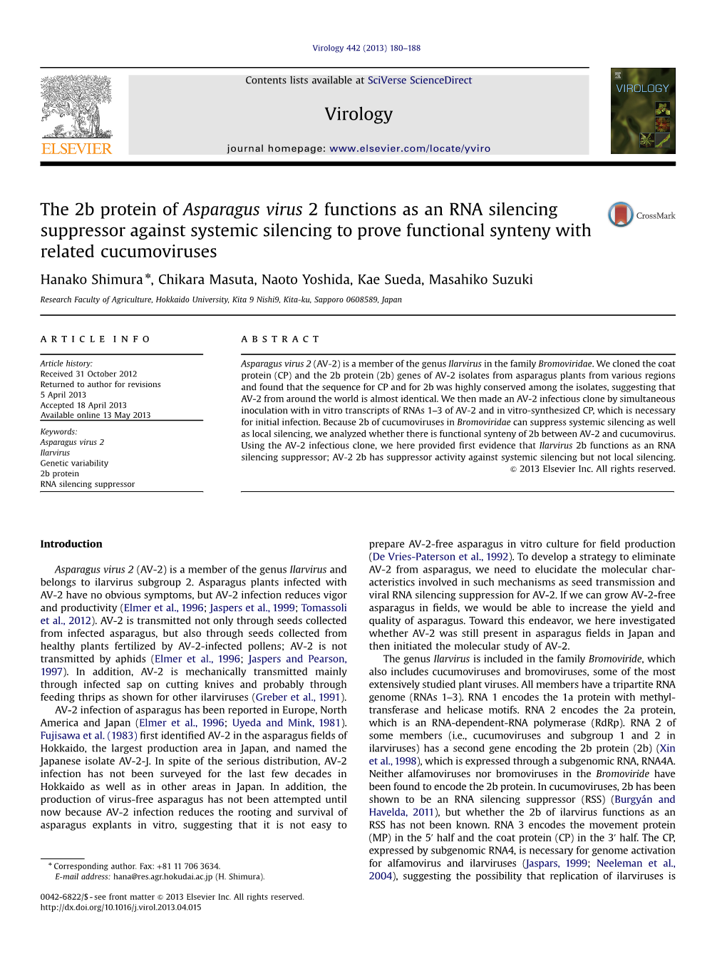 The 2B Protein of Asparagus Virus 2 Functions As an RNA Silencing Suppressor Against Systemic Silencing to Prove Functional Synteny with Related Cucumoviruses