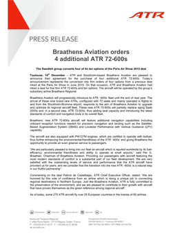 Braathens Aviation Orders 4 Additional ATR 72-600S