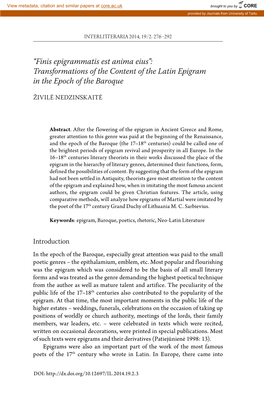“Finis Epigrammatis Est Anima Eius”: Transformations of the Content of the Latin Epigram in the Epoch of the Baroque