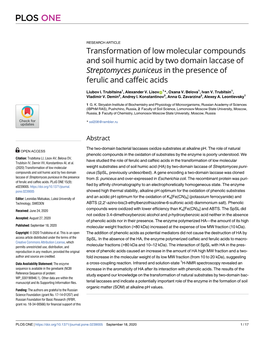 Transformation of Low Molecular Compounds and Soil Humic Acid by Two Domain Laccase of Streptomyces Puniceus in the Presence of Ferulic and Caffeic Acids