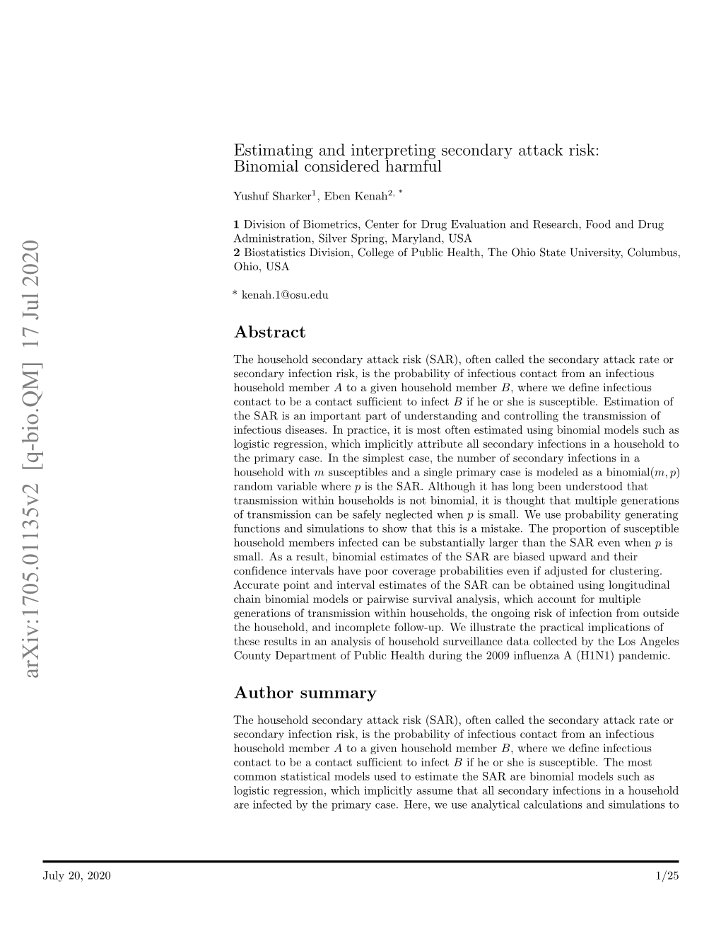 Arxiv:1705.01135V2 [Q-Bio.QM] 17 Jul 2020 Author Summary