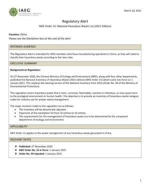Regulatory Alert MEE Order 15: National Hazardous Waste List (2021 Edition)
