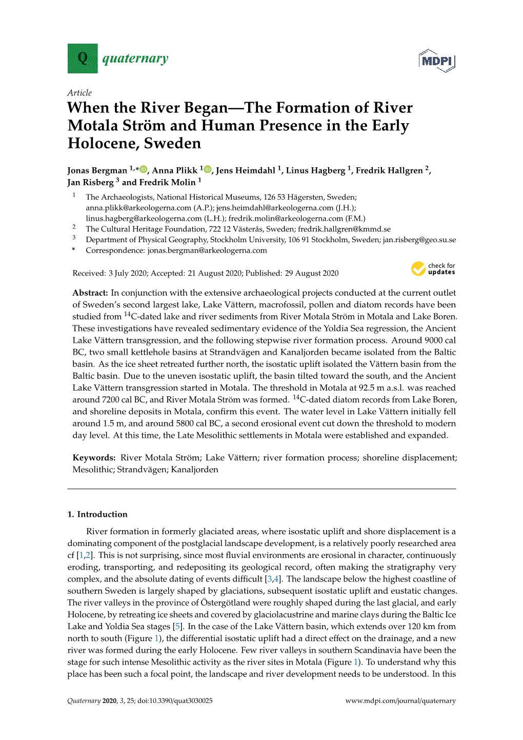 When the River Began—The Formation of River Motala Ström and Human Presence in the Early Holocene, Sweden