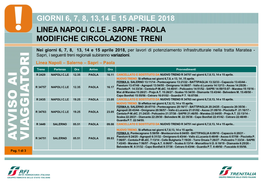 Giorni 6, 7, 8, 13,14 E 15 Aprile 2018 Linea Napoli C.Le - Sapri - Paola Modifiche Circolazione Treni