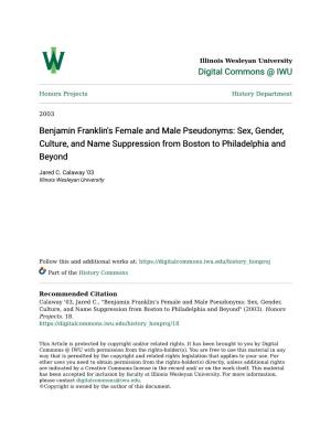 Benjamin Franklin's Female and Male Pseudonyms: Sex, Gender, Culture, and Name Suppression from Boston to Philadelphia and Beyond
