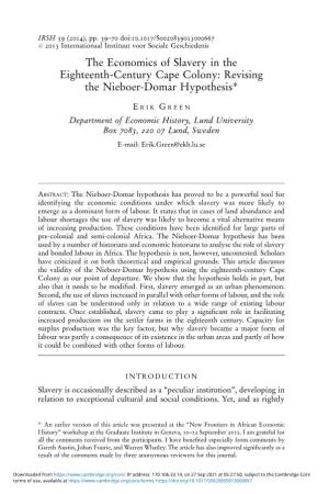 The Economics of Slavery in the Eighteenth-Century Cape Colony: Revising the Nieboer-Domar Hypothesis*
