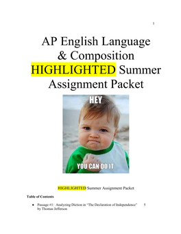 AP English Language & Composition HIGHLIGHTED Summer Assignment Packet