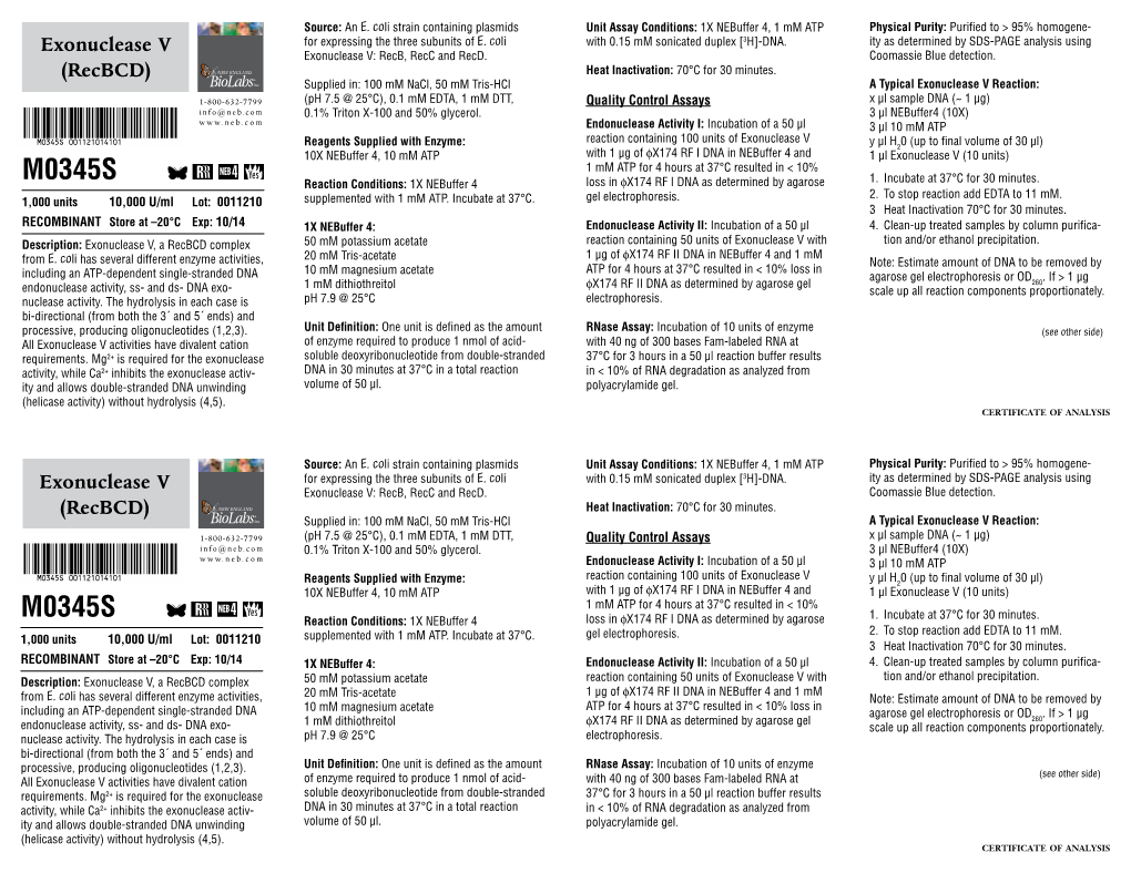 Datasheet for Exonuclease V (Recbcd)